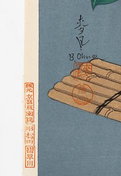 Ohno Bakufu, Motif of a bird and flowering roses, and a vase with prunus, peonies, daffodils and an orchid.