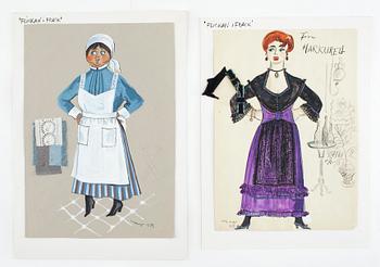 MAX GOLDSTEIN, kostymteckningar, "Flickan i frack", cirka 15 st, varav vissa sign o dat 1956.