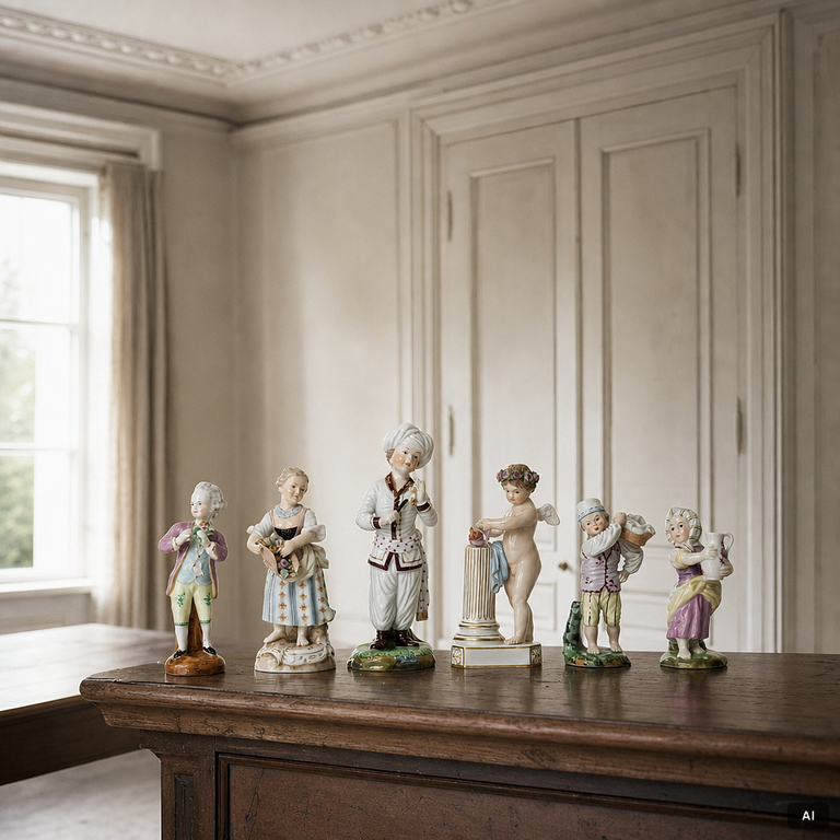 Six porcelain figurines, including Meissen and Höscht, Germany, 19th-20th century.