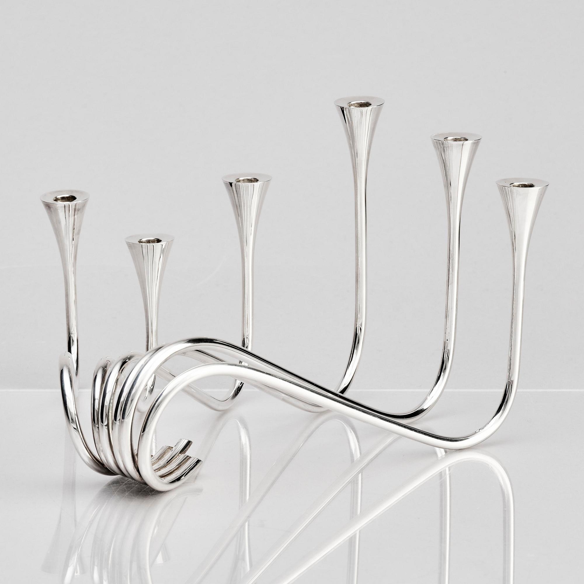 Ibi Trier Mørch, a pair of "Bølgeslag" six-branched sterling silver candelabra for A. Michelsen, Denmark 1951.