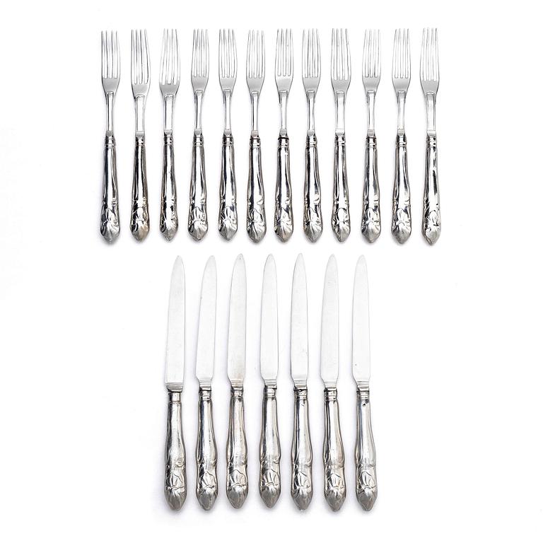 A Swedish set of 19 piece silver table-cutlery, marks of  Isak Trybom, Stockholm 1779-1780.