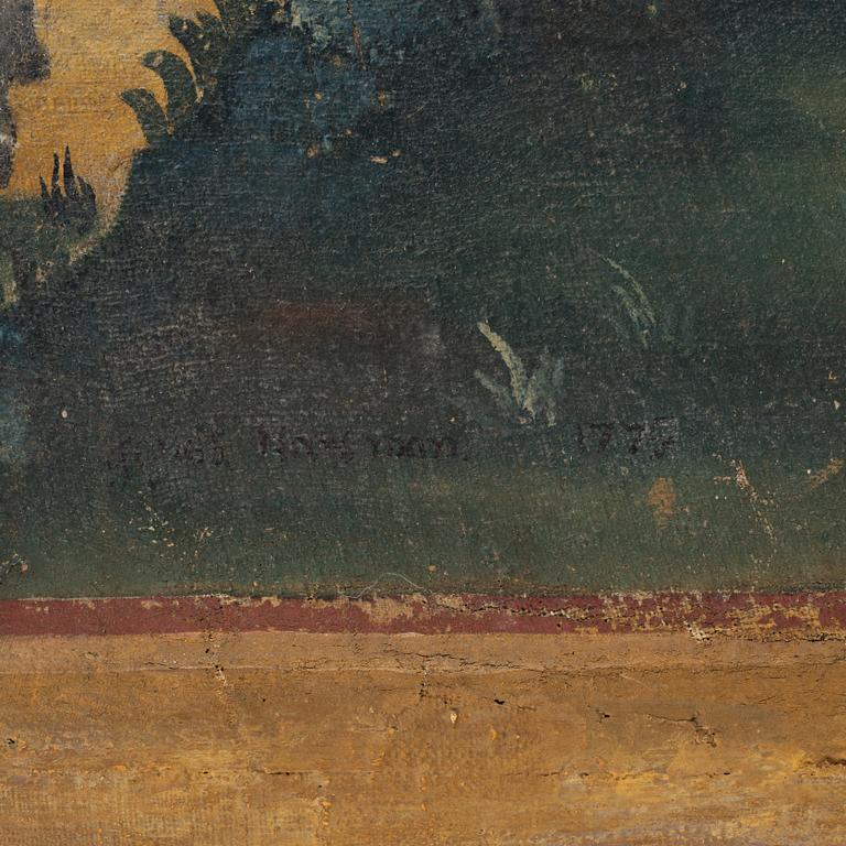 JONAS HERTMAN, Panel, The hunting company, Signed Jonas Hertman and dated 1775.