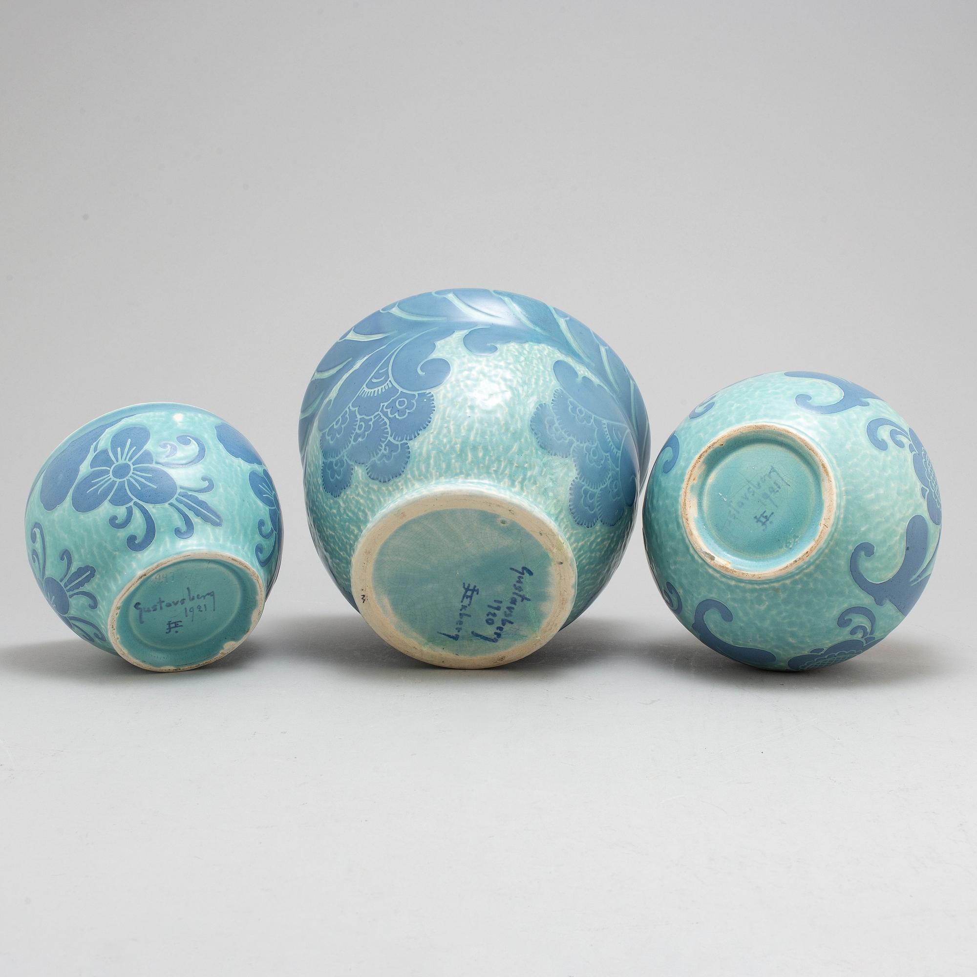 JOSEF EKBERG, three 'Sgrafitto' ceramic plant pots from Gustavsberg, 1920-1.