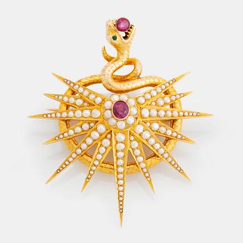 An 18K gold brooch set with two rubies, one of them likely synthetic, and pearls.