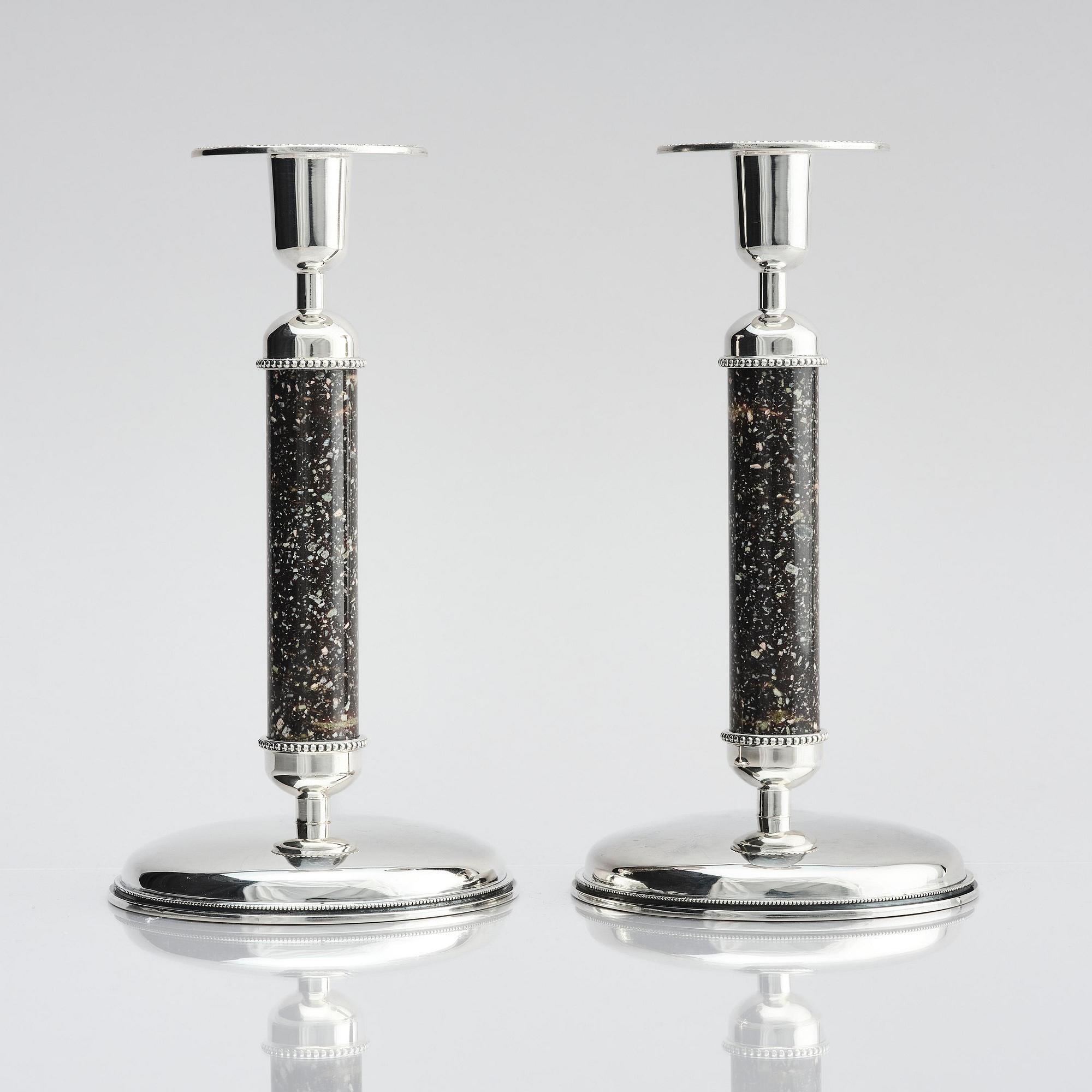 Henrik Ingemansson, a pair of sterling silver and Älvdal porphyry candelsticks, Ingemansson's Smithy, Stockholm, 2002.