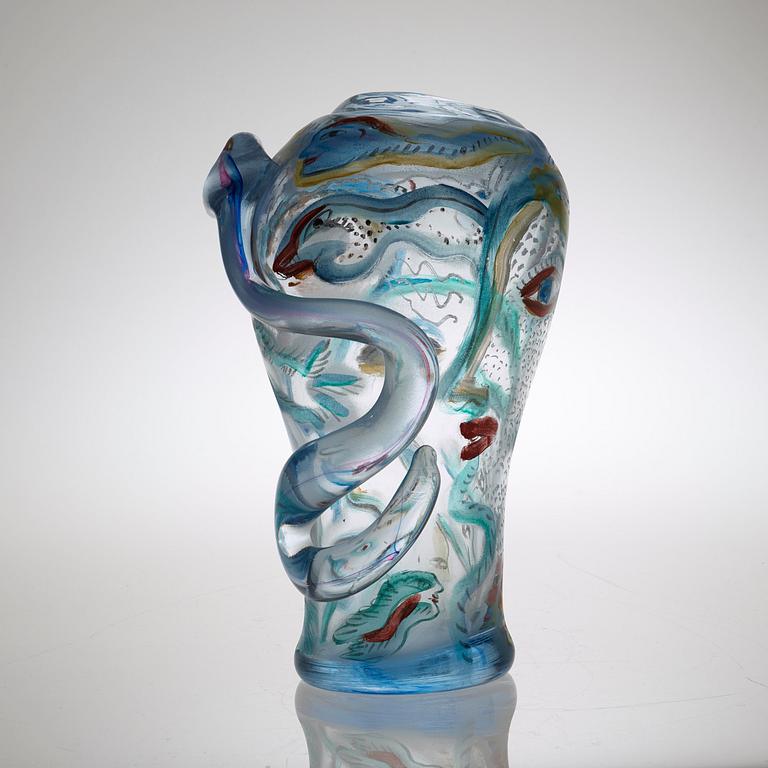 A unique Ulrica Hydman-Vallien painted glass vase, Kosta Boda 1988.