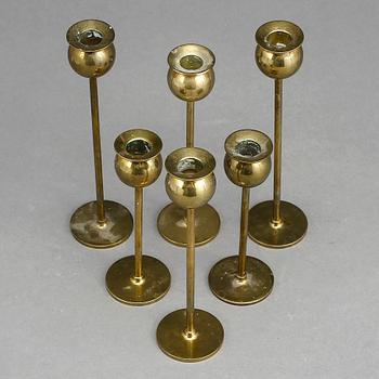 LJUSSTAKAR, 6 st, mässing, "Tulpan", Pierre Forsell, Skultuna, 1900-talets andra hälft.