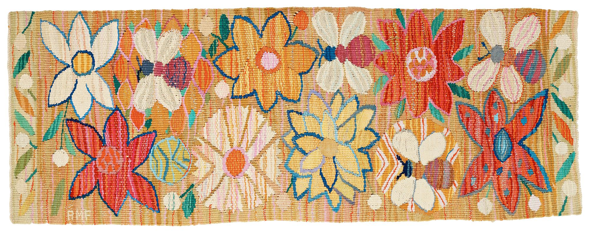 Ann-Mari Lindbom, gift Forsberg, VÄVNAD, "Bilöpare", gobelängvariant, ca 32 x 87 cm,  signerad AMF.