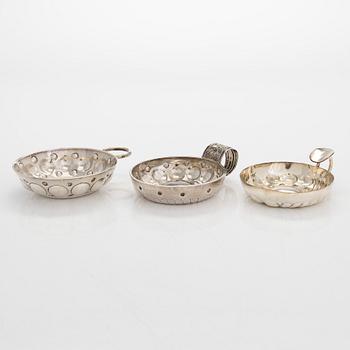 Two French .950 silver taste du vin cups, and one silver plated. Latter half of the 19th century, and poss. early 20th.