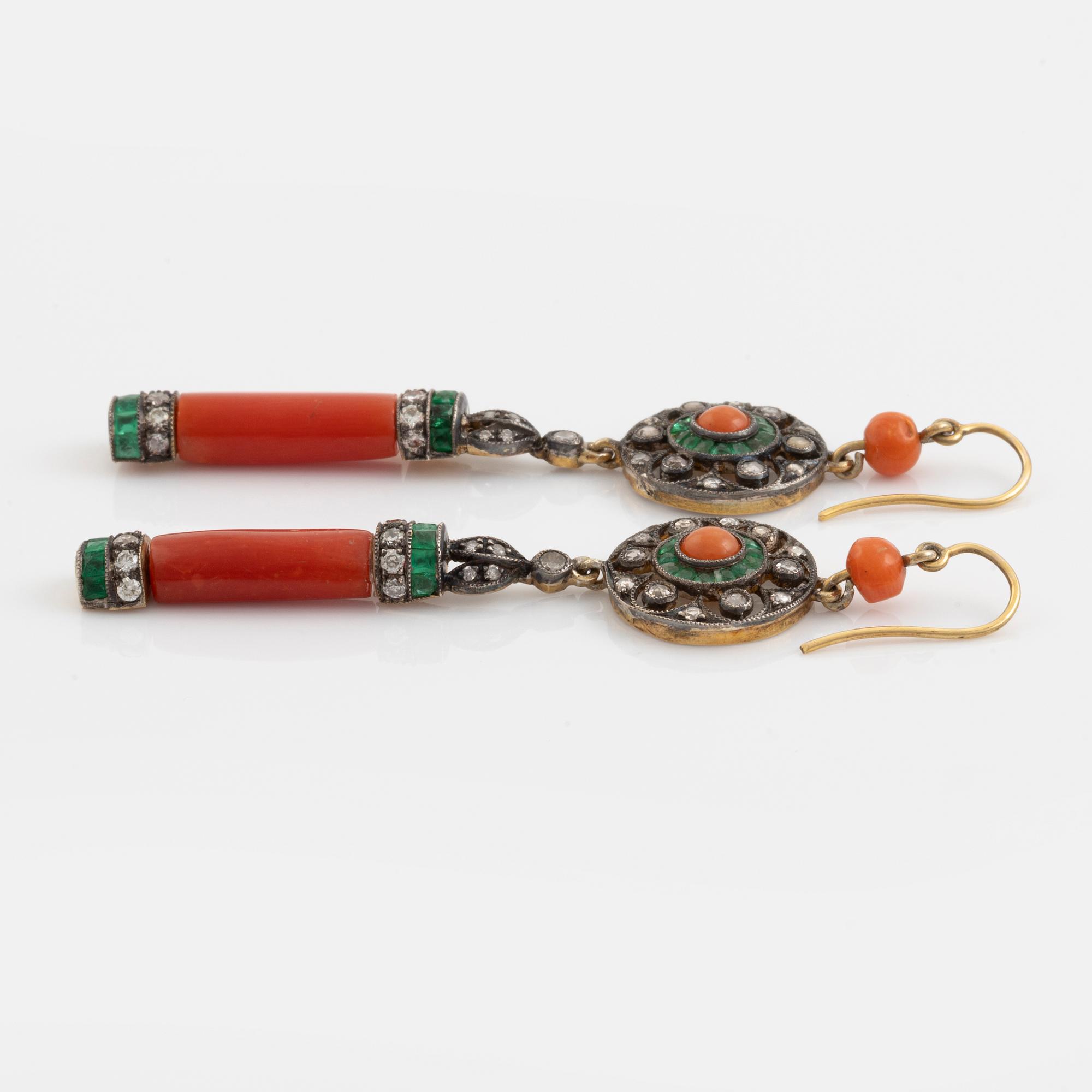 Coral, emerald and rose cut and brilliant cut diamond earrings.
