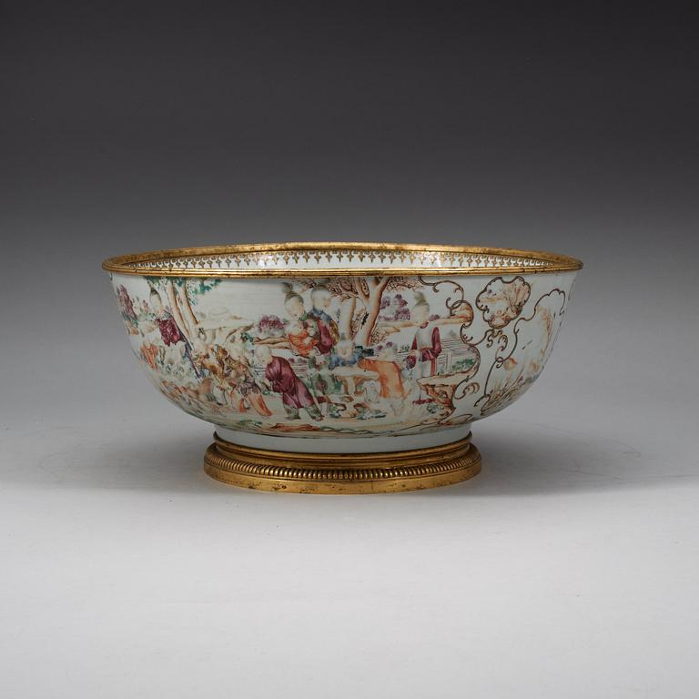 A famille rose bronze mounted punch bowl, Qing dynasty, Qianlong (1736-95).