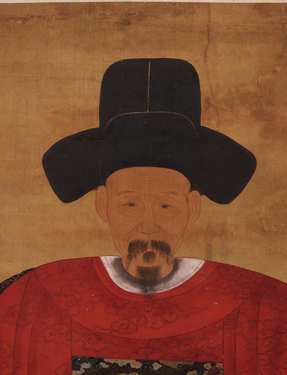 A large Chinese ancestor portrait by anonymous artist, Qing dynasty, 19th century.