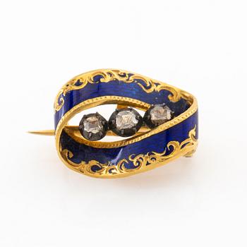 Brooch 18K gold with blue enamel and old-cut diamonds, 19th century.