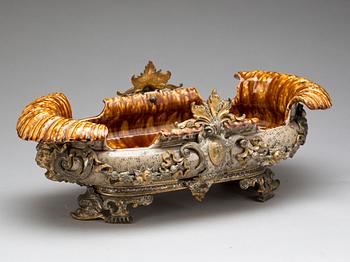 JARDINIERE, flintgods, majolika och metall, 1800-talets slut.