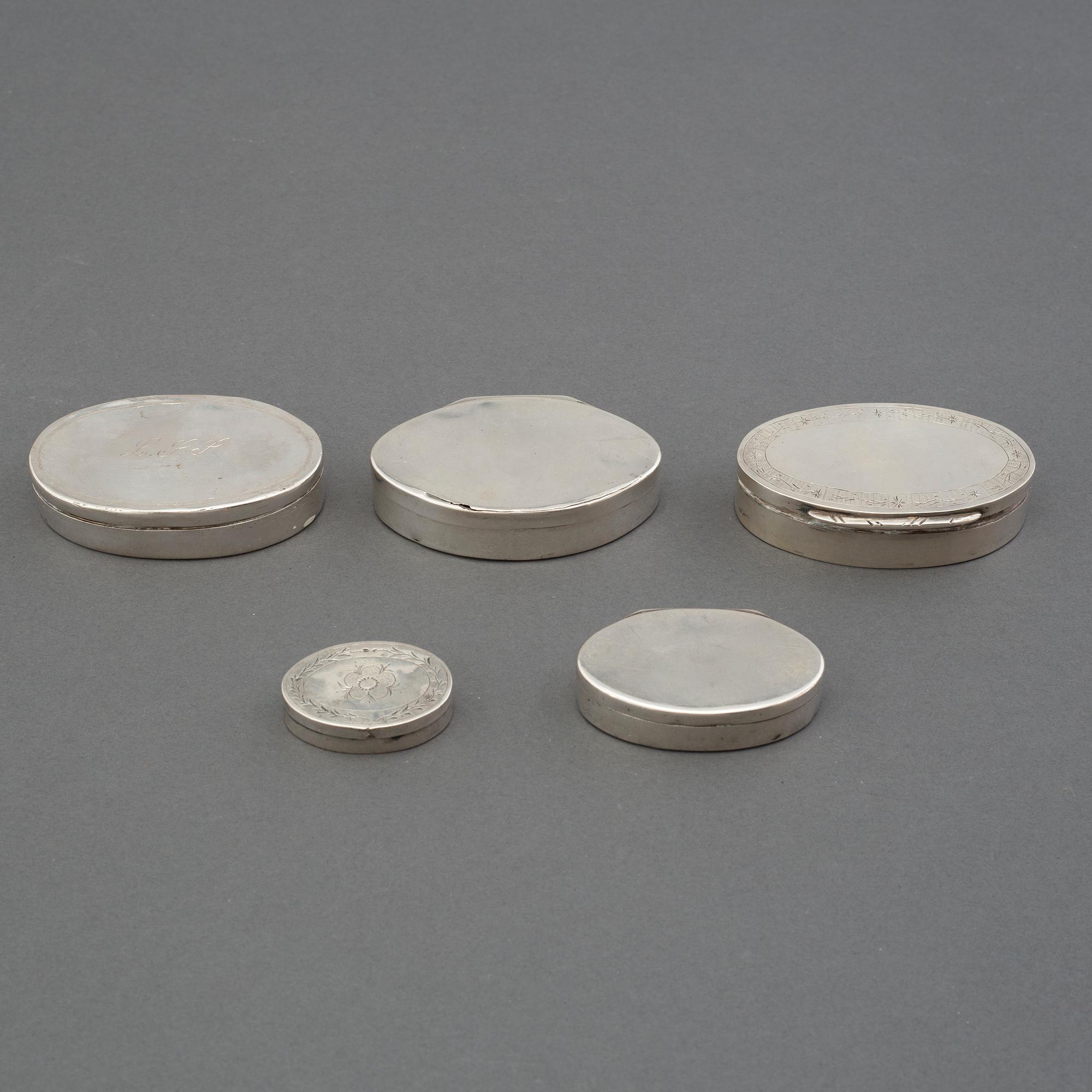 A set of five swedish silver boxes, mid 19th century.