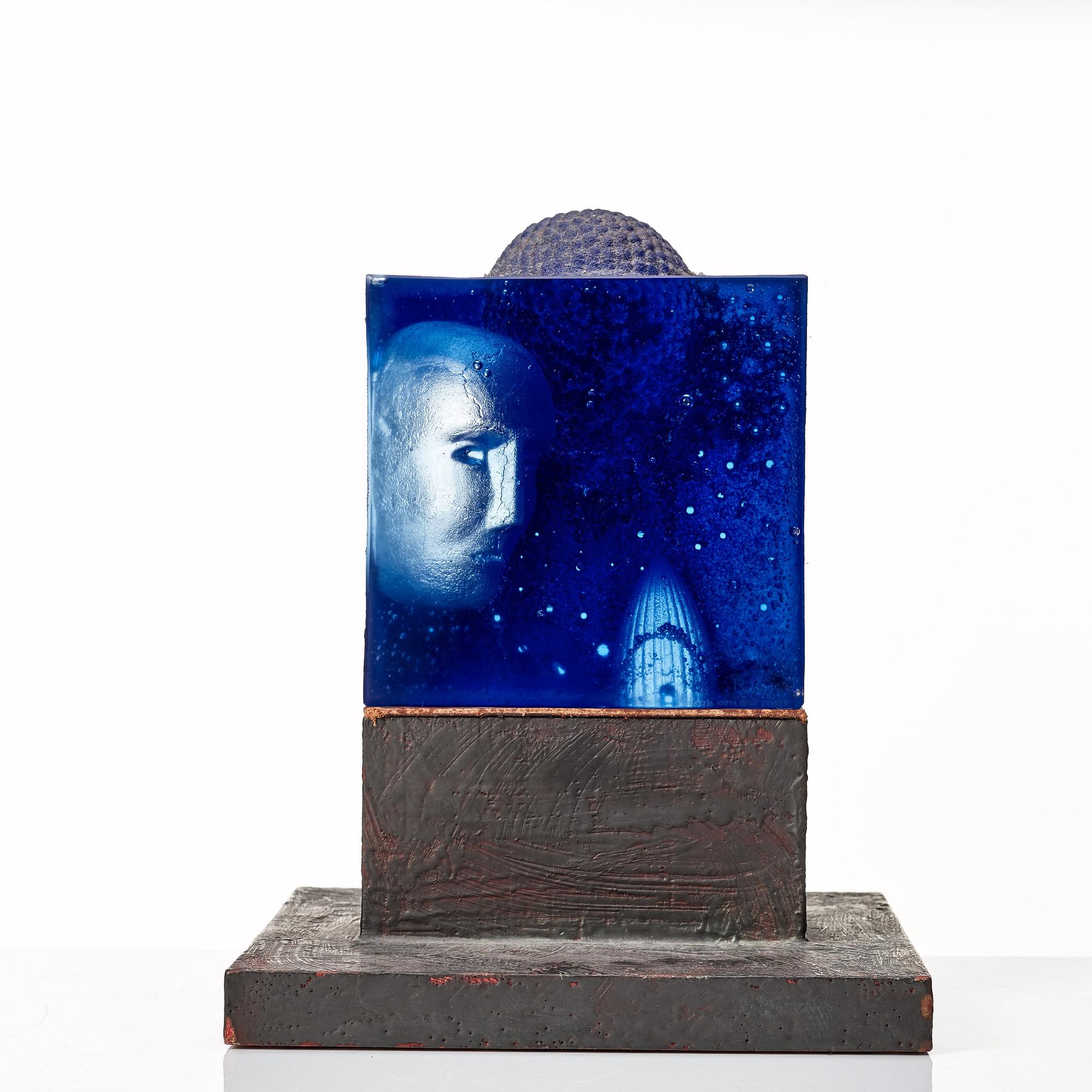 Bertil Vallien, a unique sand cast blue glass sculpture, Kosa Boda, Sweden.