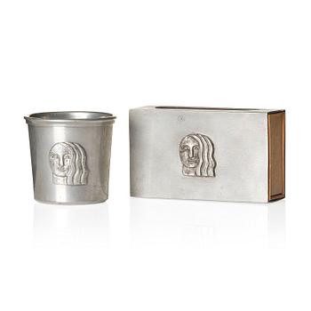 Firma Svenskt Tenn, a pewter matchbox case with beaker, models "38d" and "185a", with decor by Anna Petrus, Stockholm 1927-28.