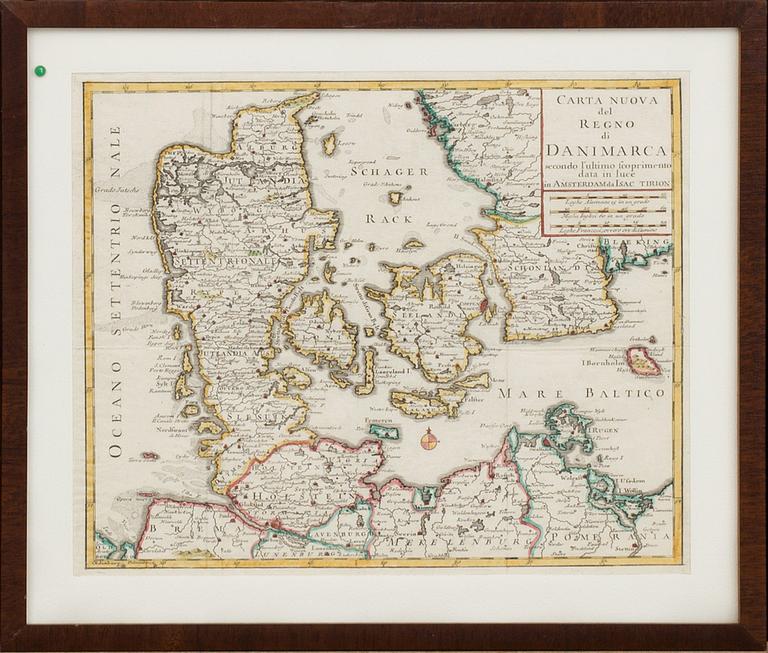 MAP, COPPER ENGRAVING, "Carta Nuova del Regno di Danimarca" by Isaac Tirion . DENMARK, ca 1750.