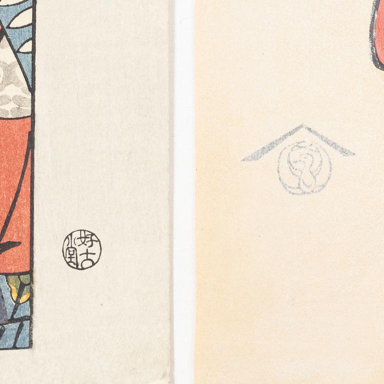 Five woodblock prints from a publication by "Tokyo Bijutsu Kankokai" (Tokyo Art Publishing Association" early 1900s.