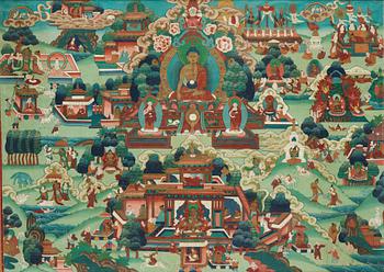 395. THANGKA, föreställnade Buddhas liv, Tibet/Nepal, 1900-tal.