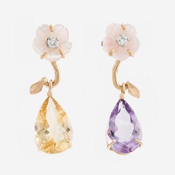 Earrings with amethysts, citrines, carved mother-of-pearl in the shape of a flower with brilliant-cut diamonds.