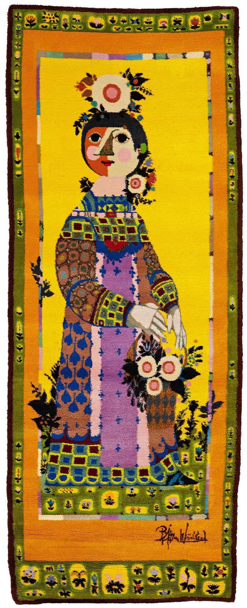 Björn Wiinblad, A WALL HANGING/A CARPET, "Tucano", "Spring Lady", hand knotted, ca 282 x 106 cm, signed Bjørn Wiinblad.