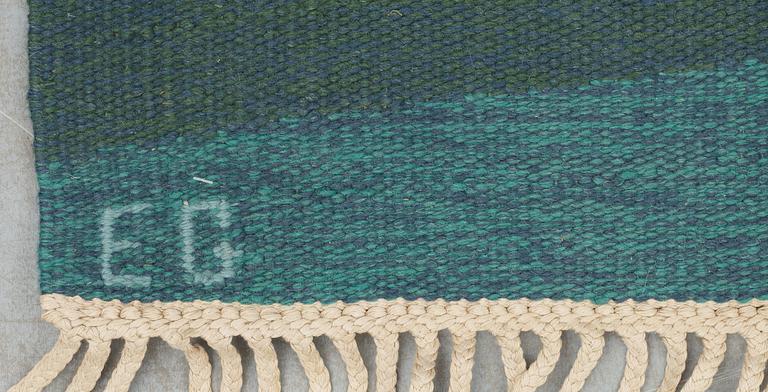 RUG. Flat weave and tapestry weave. (Rölakan  and gobelängteknik). 224,5 x 164,5 cm. Signed EG.