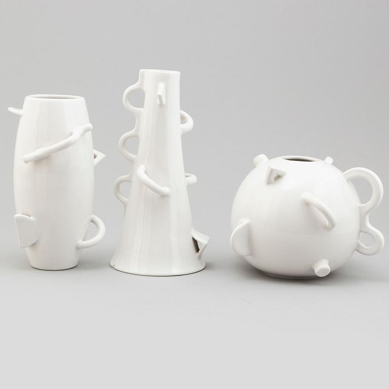 Alessandro Mendini, a set of three post modern white glazed "Dealbata" ceramic vases, Zanotta, Italy post 1987.