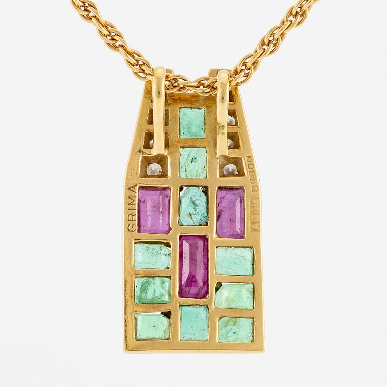 An Andrew Grima pendant in 18K gold set with step-cut emeralds, rubies and round brilliant-cut diamonds.