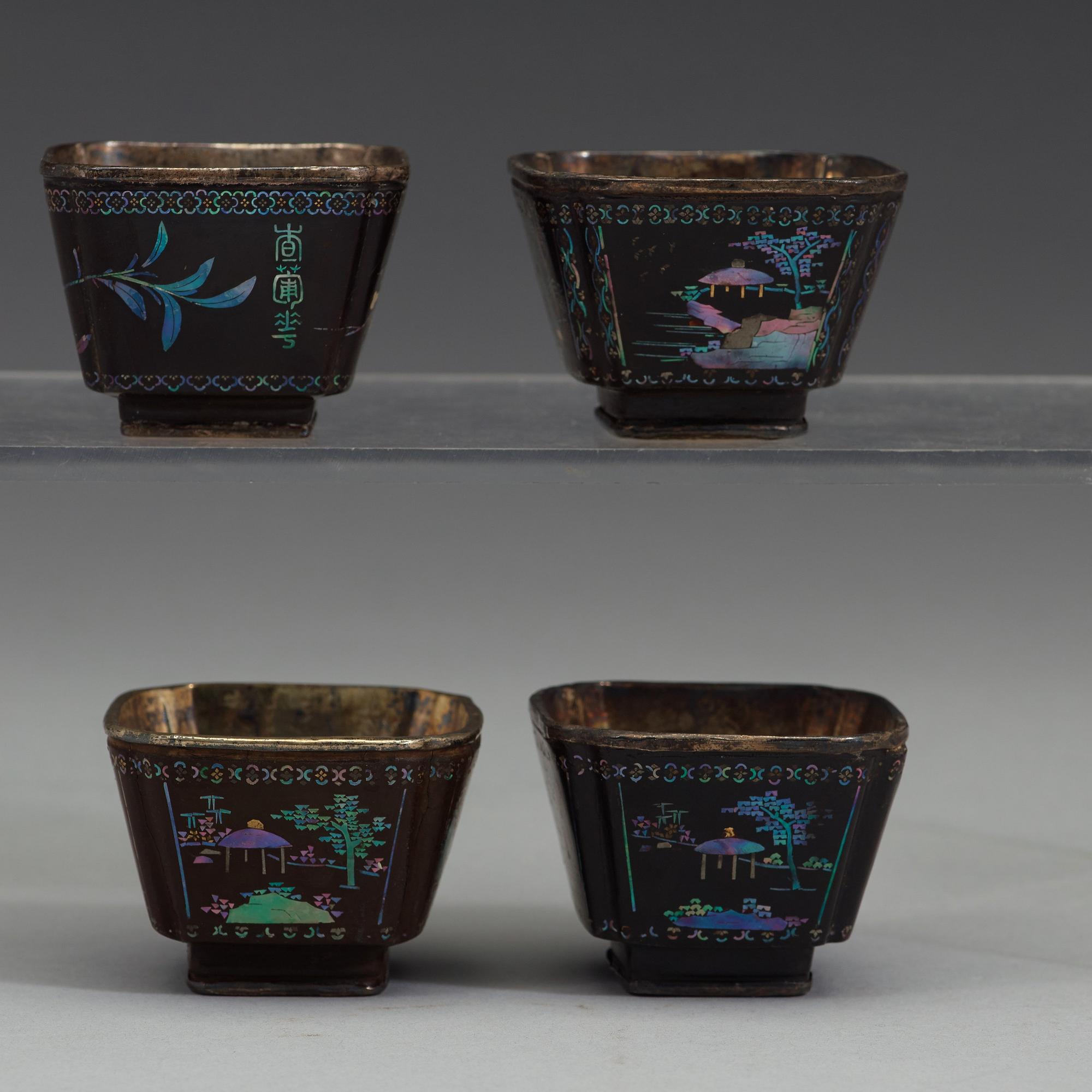 A set of four 'lac-burgauté cups, Qing dynasty, 18th Century.