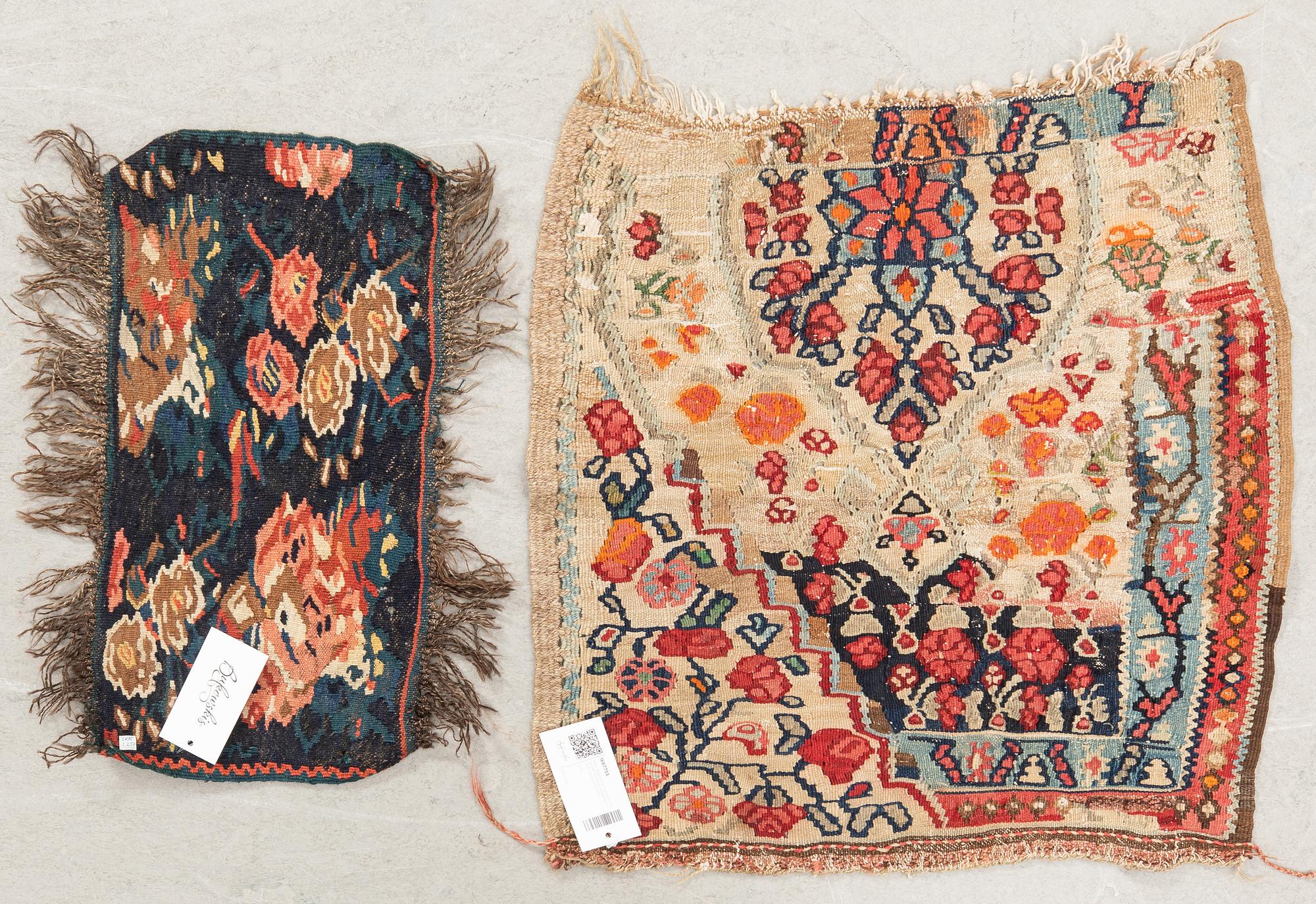 Matta Wagireh  (provmatta) 2 st  Senneh/Kurdistan semiantika ca 25x51 cm och 60x55 cm.