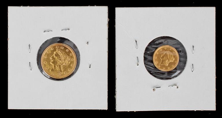 DOLLARMYNT, 2 st, guld, 1 resp 2 1/2 dollar, 1849 resp 1878. Totalvikt ca 5 gram.