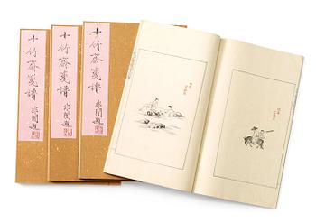 Book, 4 vol, richly illustrated with woodcuts in colours, "Shi zhu zhai jian pu" by Hu Zhengyan.