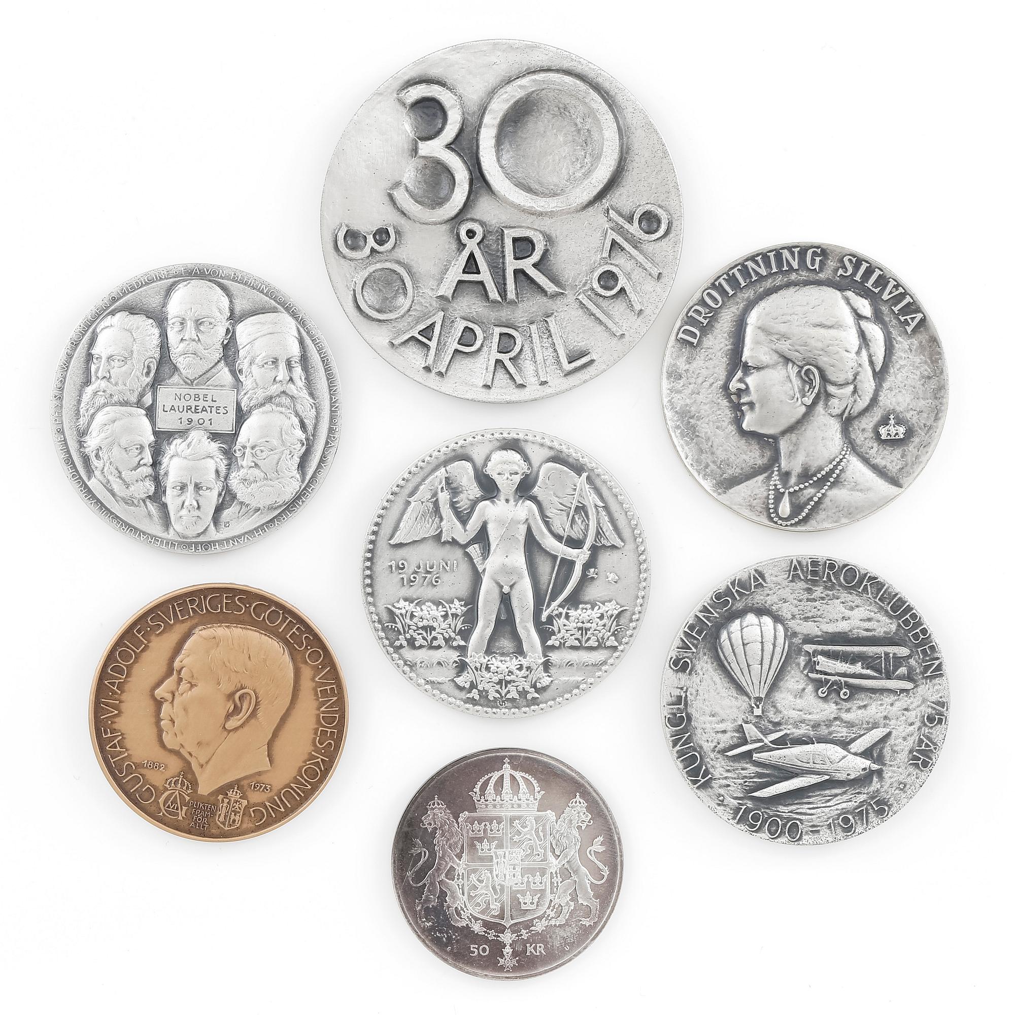 MEDALJER 6+1 st, silver samt en st brons. Mestadels med Carl XVI Gustaf. 1973-76. Vikt ca 330 g.
