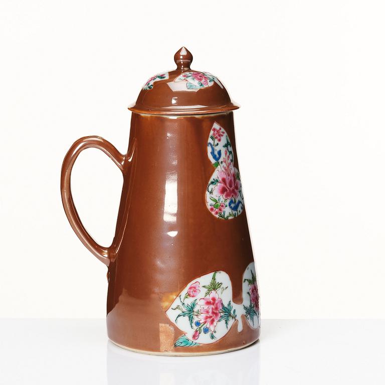 A cappuciner brown and famille rose coffee pot with cover, Qing dynasty, 18th Century.