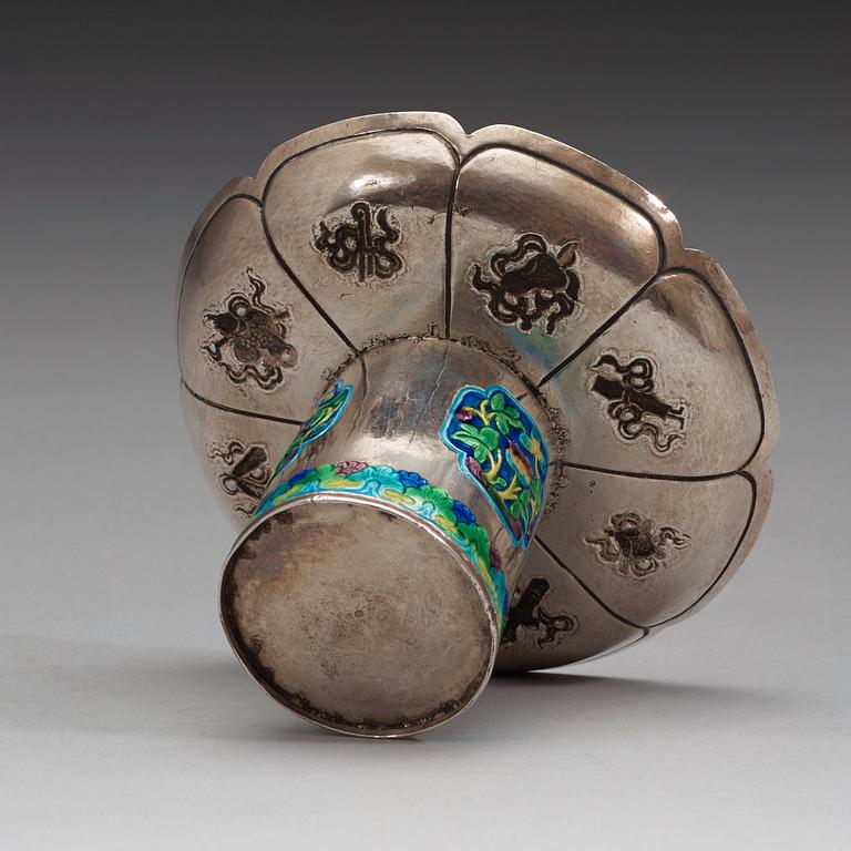 A silver and enamel cup stand, China, early 20th century.