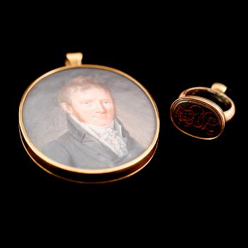 MINIATYR SAMT PETSCHAFT, 18 k guld, 1800-tal.