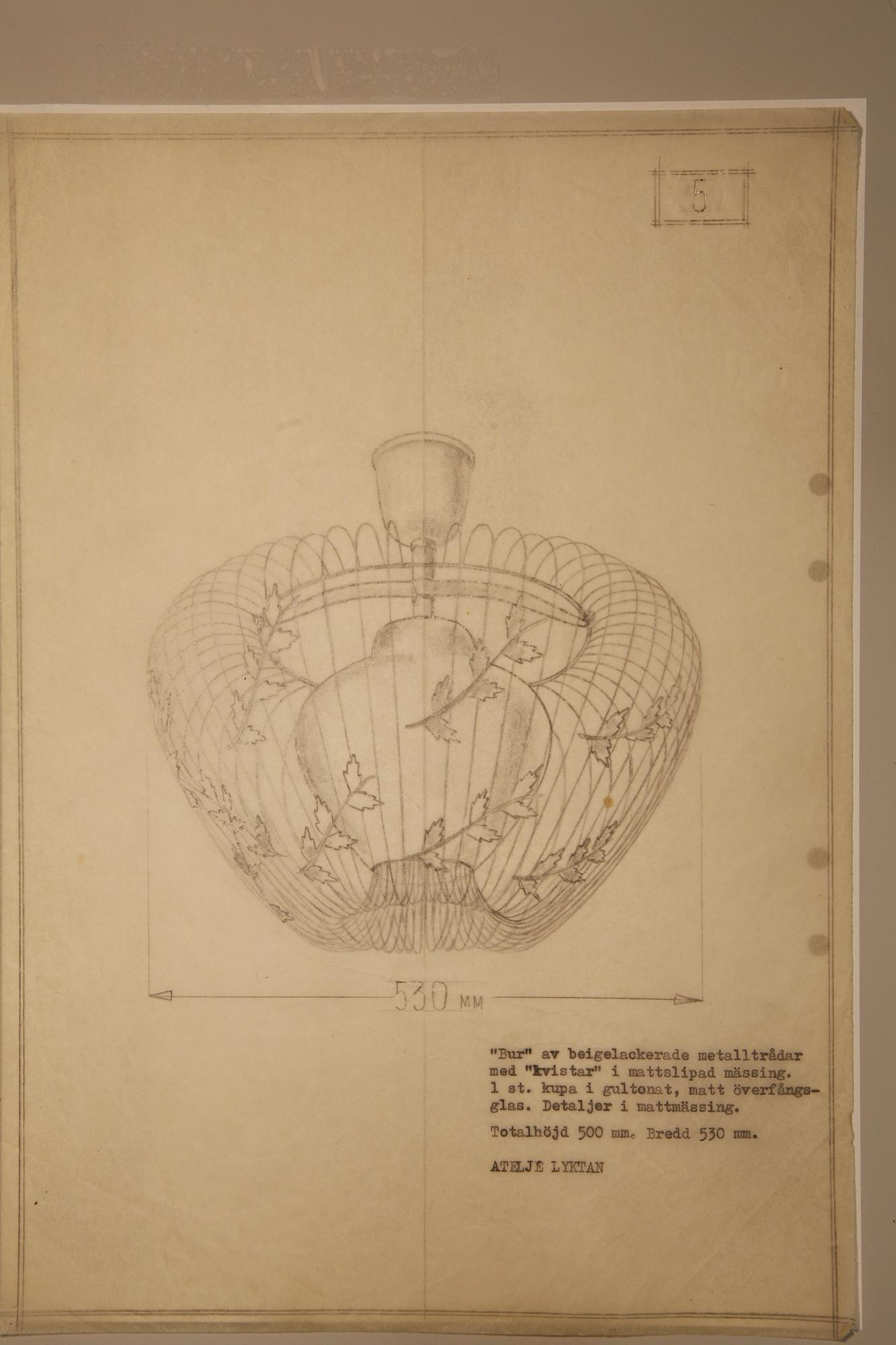 Hans Bergström, taklampa, modell "5", ateljé Lyktan, Åhus 1940-50-tal.