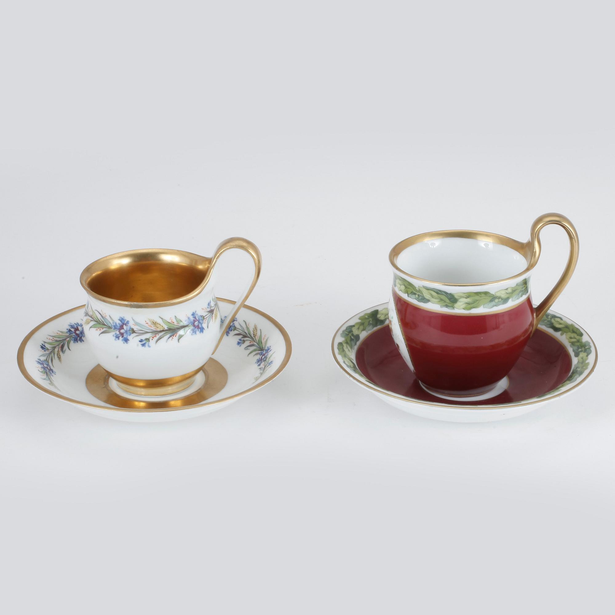 KOPPAR med FAT, 2 st, porslin, bl.a. Berlin, 1800-tal.