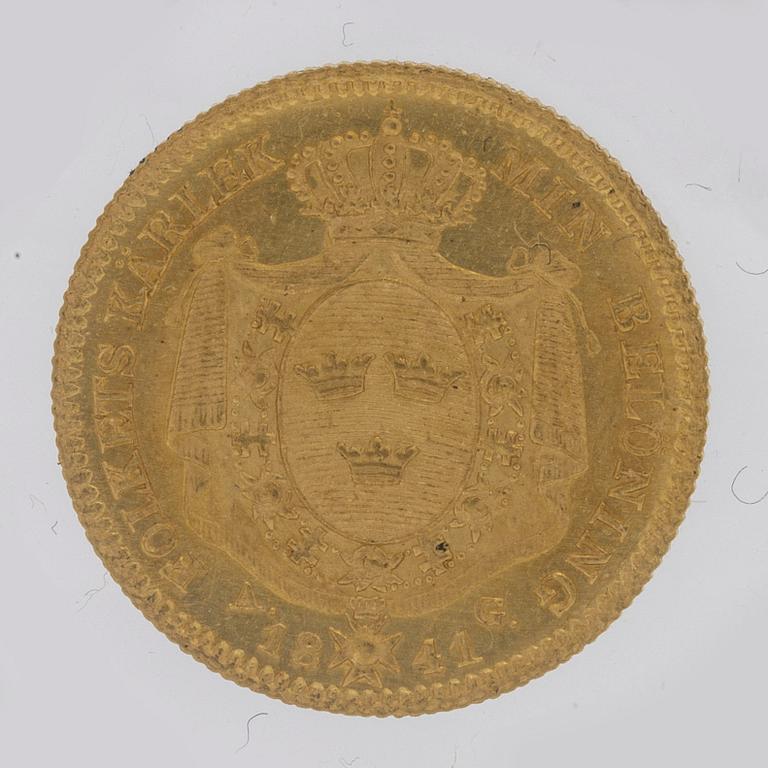 A gold 1 ducat coin Karl XIV Johan of Sweden, 1841.