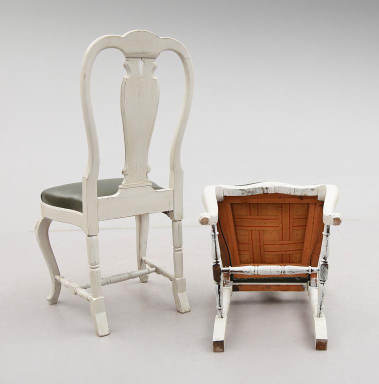 STOLAR 6 st och KARMSTOLAR 1 par, rokokostil, 1900-tal.
