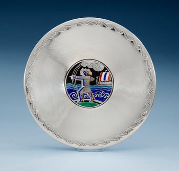 589. a N.M Thune sterling and enamel dish with viking motives, Norway 1950's.