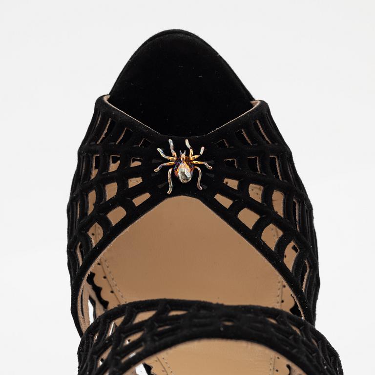 Charlotte Olympia, a pair of black suede spiderweb sandals. Size 36 1/2.