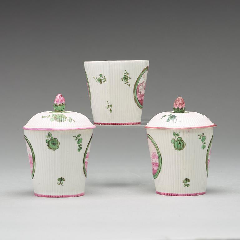 A pair of Marieberg soft paste cups with saucers, 18th Century.