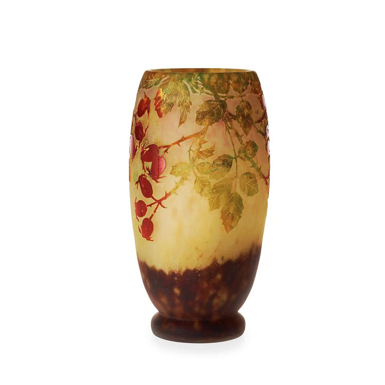 A Daum Art Nouveau cameo glass vase with rose-hips and leavage in autumn colours, Nancy, France.