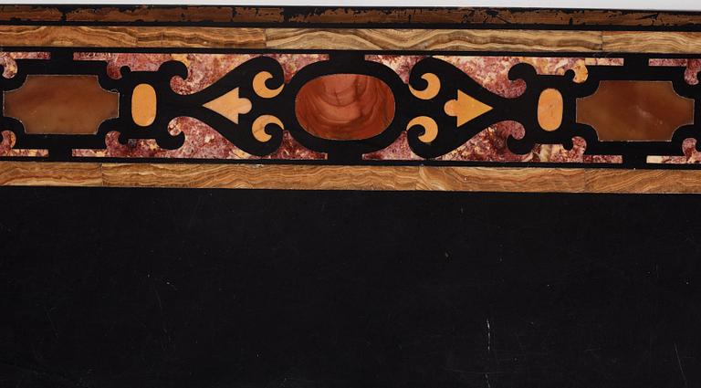 A pietre dure top, Italy, circa 1900, probably Rome or Naples. The stand in Louis XIV-style.