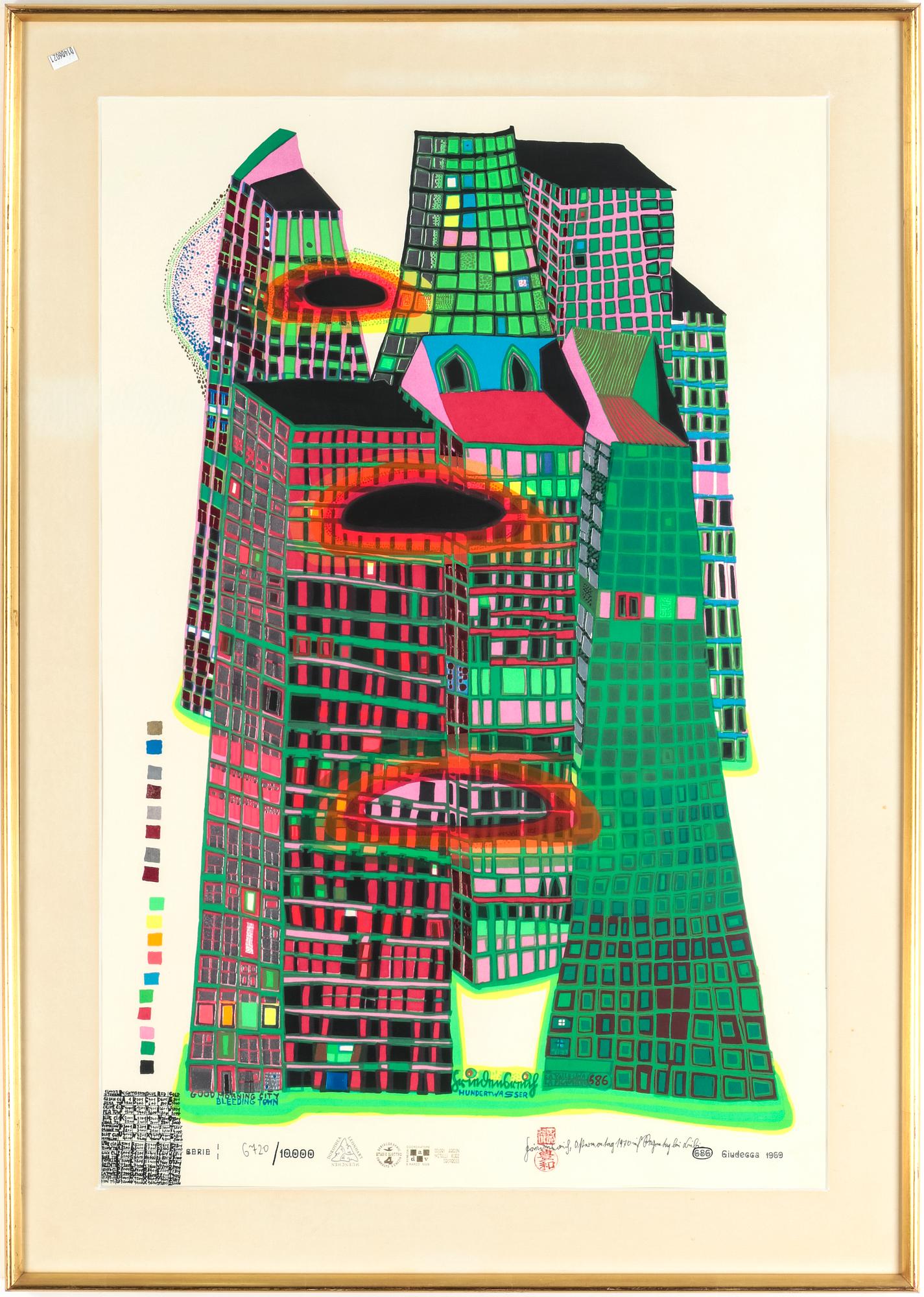 FRIEDENSREICH HUNDERTWASSER, Färgseriegrafi med metallprägling, 1969, signerad med tusch 6720/10000.