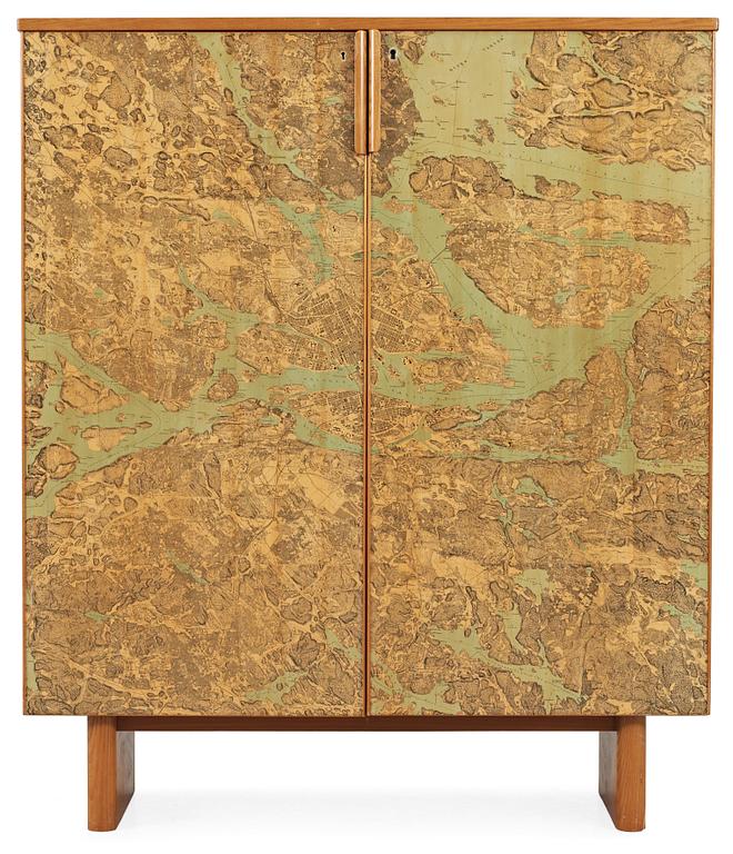 A G.A. Berg cabinet with printed map depicting the city of Stockholm, Sweden 1940's.