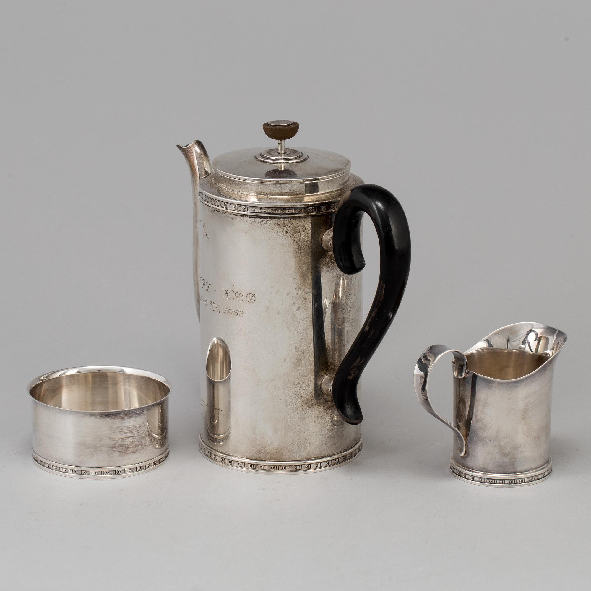 A VERA FERNGREN set of 3 pieces of silver coffee service by CG Hallberag and GAB, Stockholm 1958 and 1963.