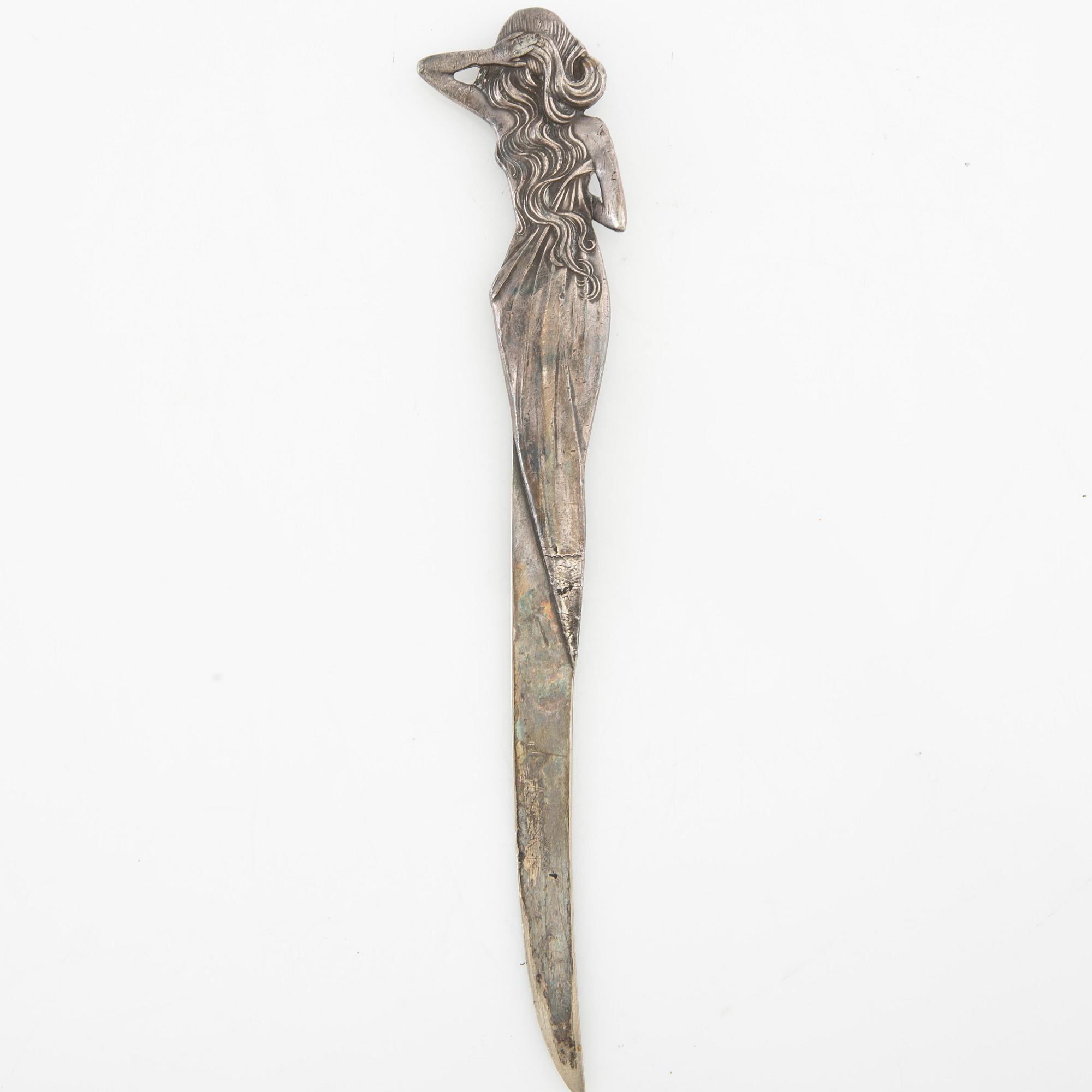 Fotoram, brevöppnare och sigill Jugend tidigt 1900-tal tenn och nysilver.